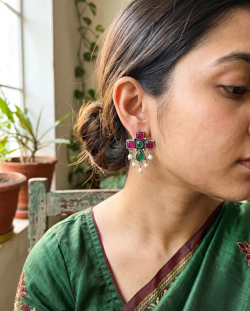 Vintage Ruby Emerald Geometric Stud Earrings