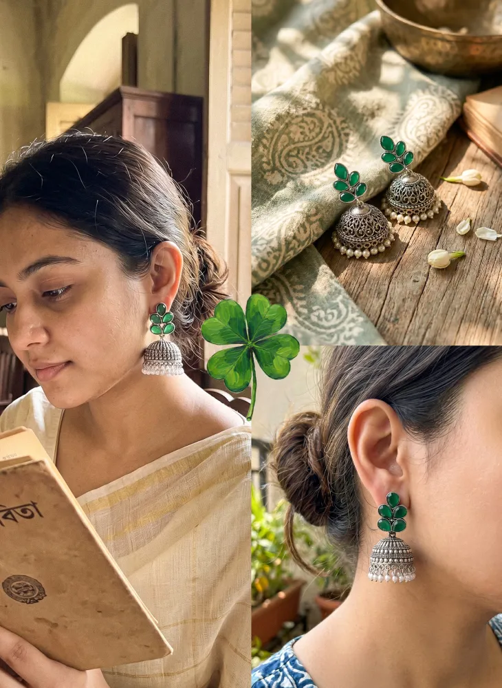 Vintage Emerald Leaf Oxidized Pearl Jhumka