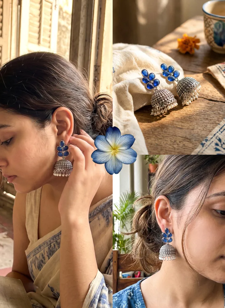 Vintage Royal Blue Leaf Oxidized Pearl Jhumka