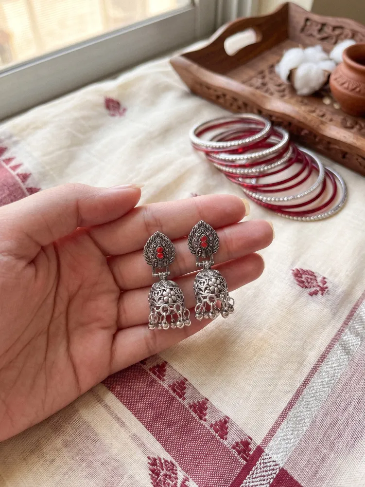 Vintage Ruby Leaf Oxidized Jhumka